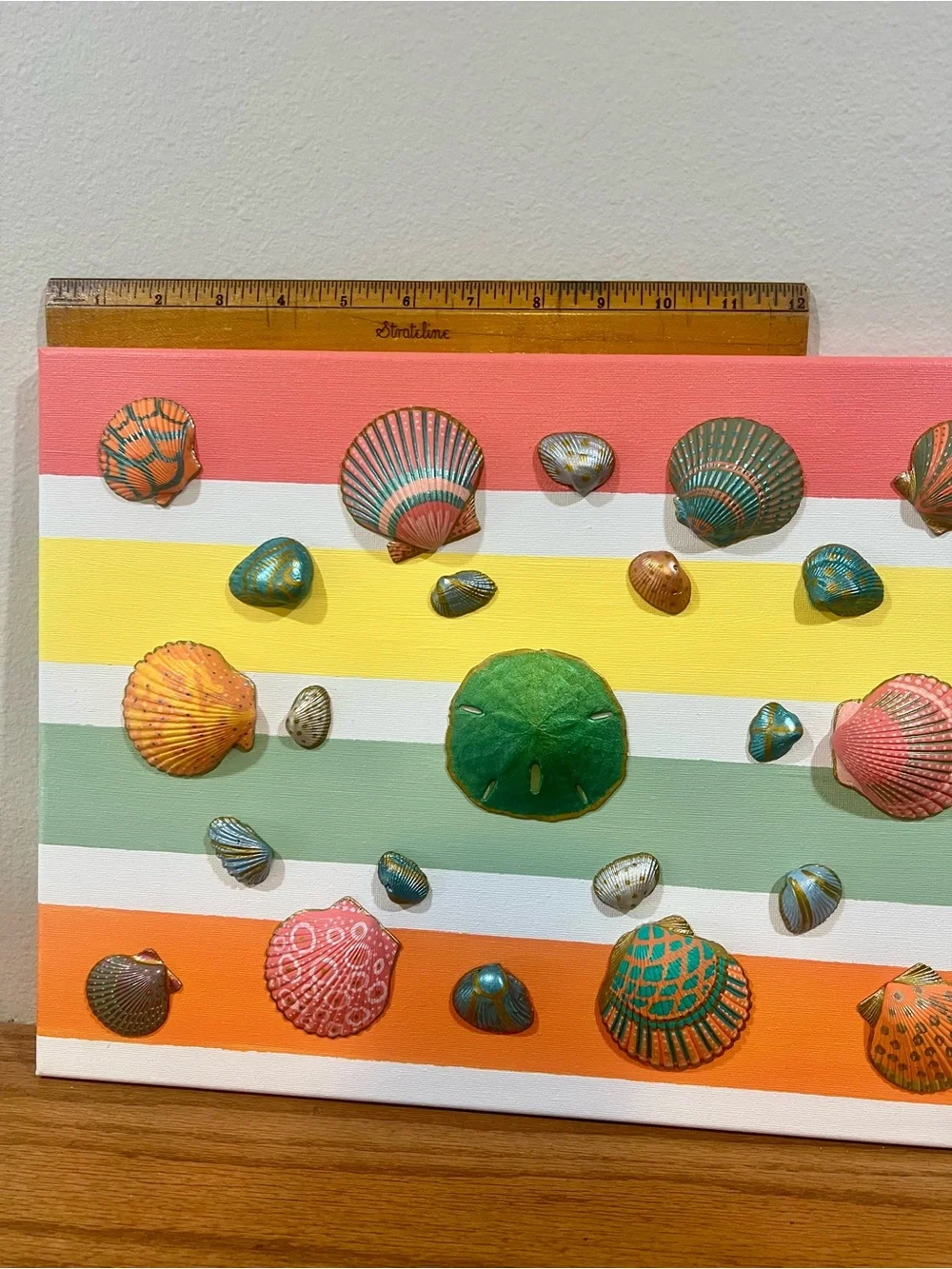 Seashell Wall Art Canvas in Green, Coral & Yellow - Coastal Stripe Decor